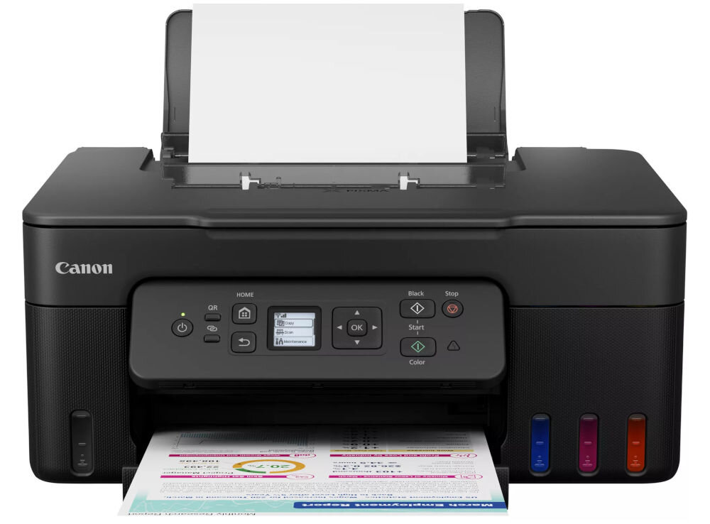 Urządzenie wielofunkcyjne CANON Pixma G3480 Druk w kolorze, Automatyczny druk dwustronny, Wi-Fi  prezentacja urządzenia od przodu na białym tle kolorowy skaner czujnik CIS rozdzielczość szybkość sprawna archiwizacja dokumentów