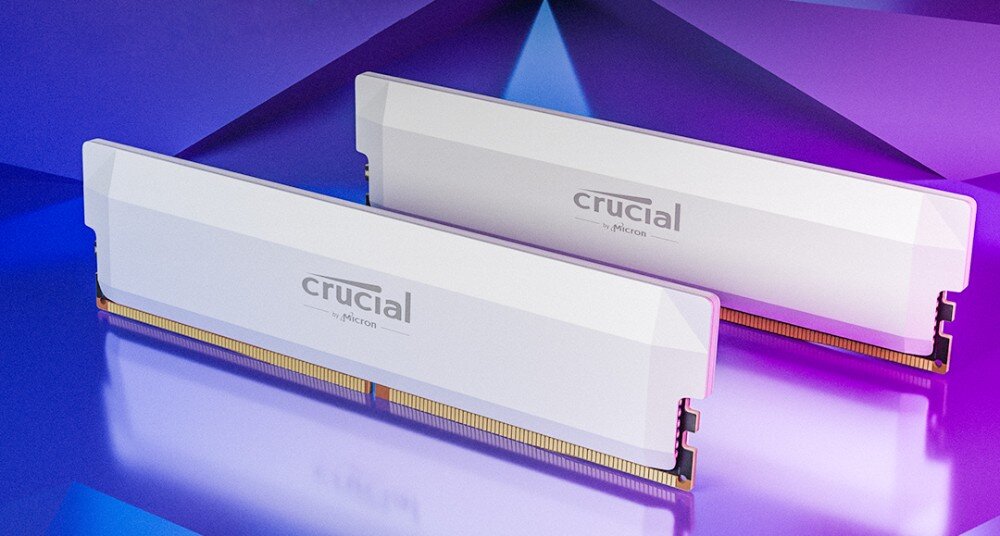 Pamięć RAM CRUCIAL Pro OC Dwa białe moduły pamięci RAM z białym logo producenta prezentowane pod kątem na fioletowo-niebieskim tle
