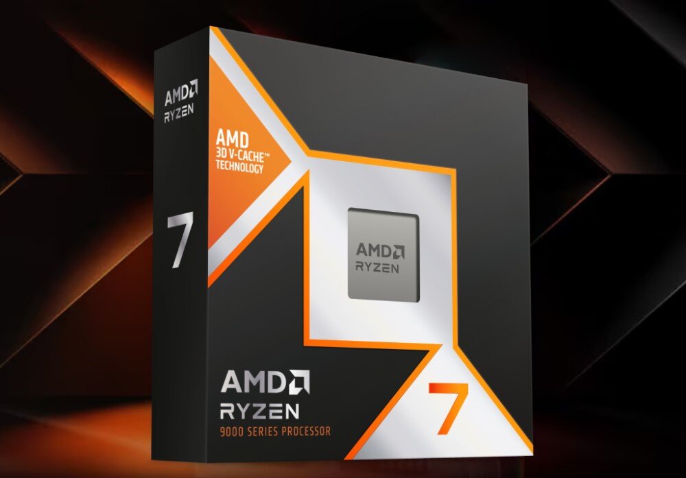 Procesor AMD Ryzen 7 9800X3D Opakowanie procesora serii 9000 z logo 'AMD Ryzen' i oznaczeniem '9' w pomarańczowo-srebrnym motywie graficznym, z wyróżnionym napisem '3D V-Cache Technology', opis