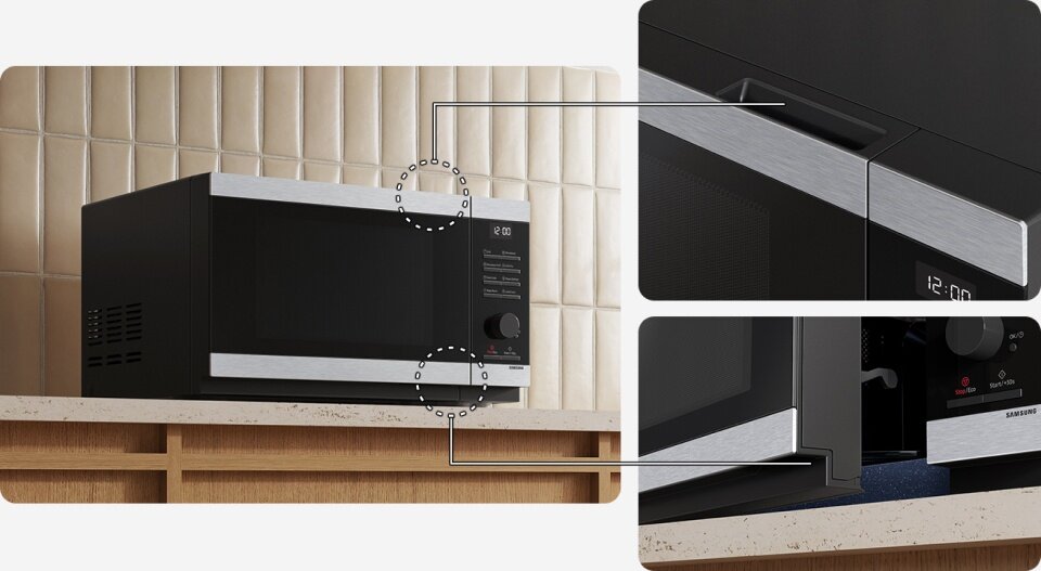 Czarno-srebrna kuchenka mikrofalowa z wyświetlaczem cyfrowym i pokrętłem na panelu sterowania. Widoczne są detale konstrukcji, takie jak uchwyt drzwi i logo \'SAMSUNG\'.