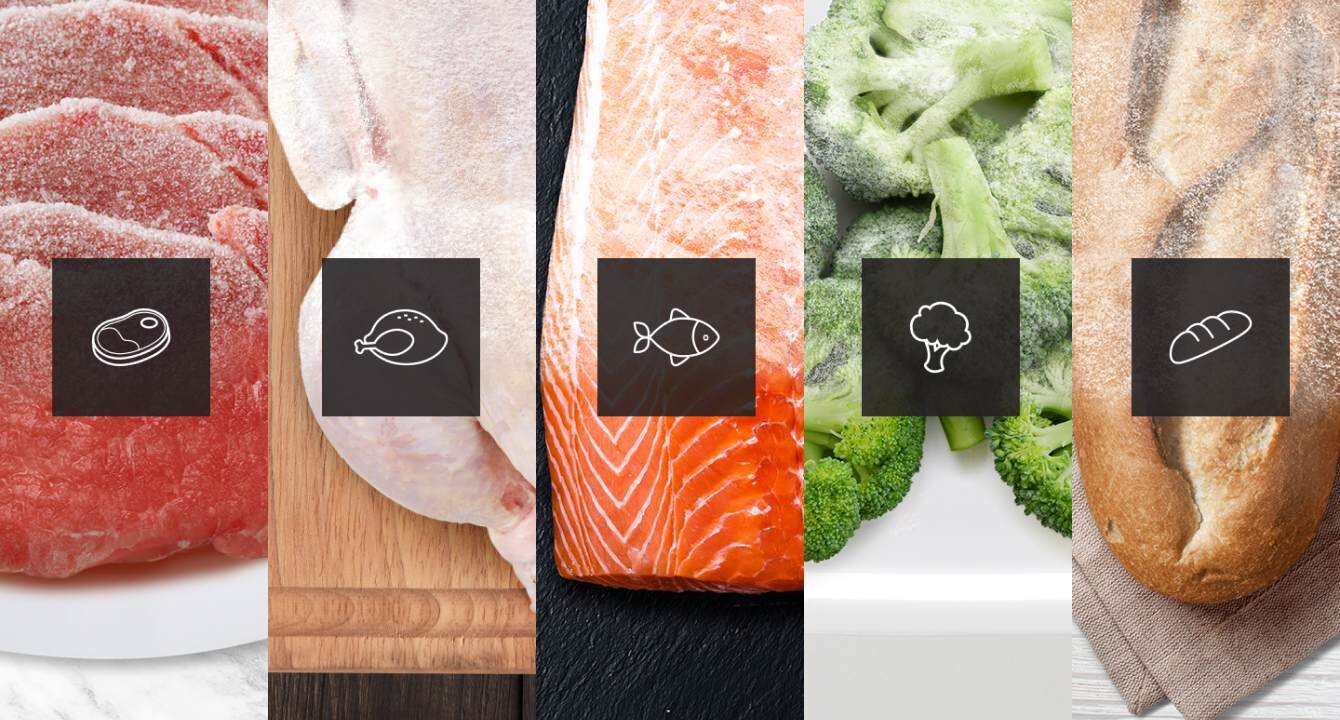 Obraz przedstawia pięć różnych produktów spożywczych: zamrożone mięso, surowe mięso drobiowe, filet z łososia, mrożone brokuły i chleb. Na każdym produkcie znajduje się ikona symbolizująca dany rodzaj żywności.