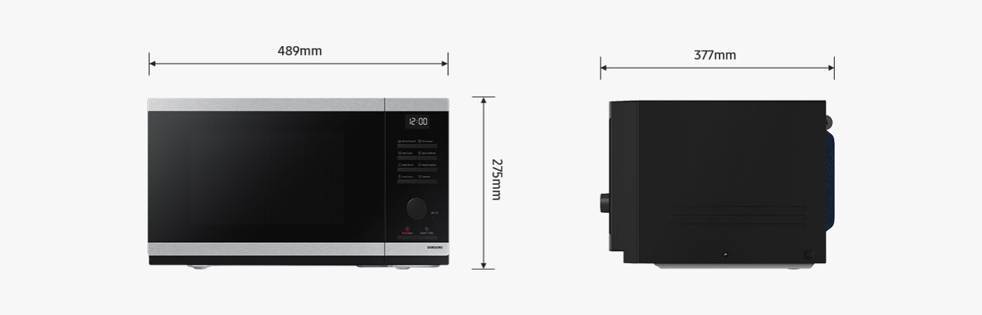 Obraz przedstawia czarno-srebrną kuchenkę mikrofalową z wyświetlaczem i przyciskami po prawej stronie. Wymiary urządzenia to 489 mm szerokości, 275 mm wysokości i 377 mm głębokości.