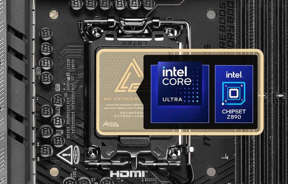 Płyta główna MSI MEG Z890 Ace Zbliżenie na socket płyty głównej z procesorem z logo 'MSI Enthusiast Gaming'. Obok widoczne są grafiki z logo 'Intel Core Ultra' i 'Chipset Z890', wygląd, chipset, procesory, kompatybilność