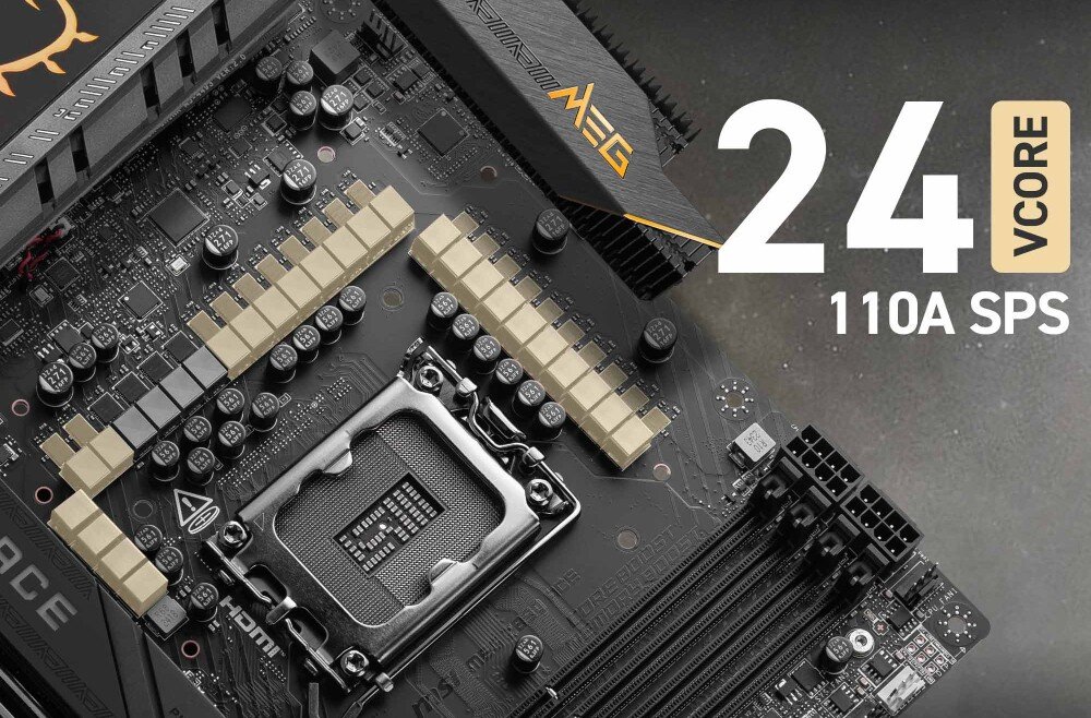 Płyta główna MSI MEG Z890 Ace Zbliżenie na sekcję zasilania wokół gniazda procesora. Pojawia się napis '24 VCORE 110A SPS', a także czarno-złote oznaczenie 'MEG', zasilanie, fazy, cyfrowy układ PWM
