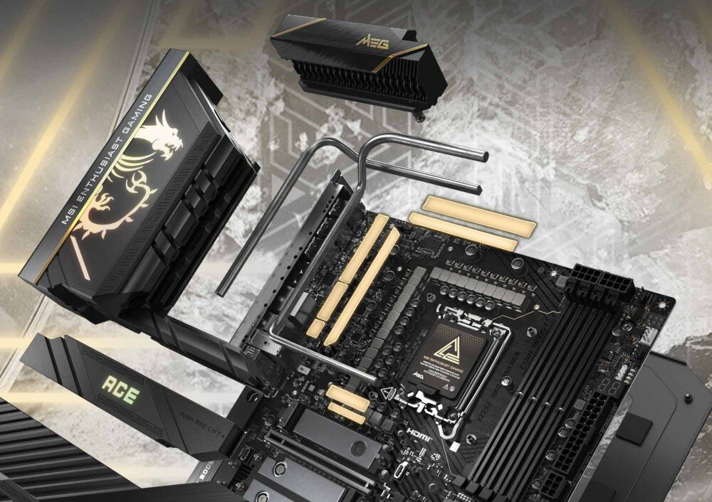 Płyta główna MSI MEG Z890 Ace Widok płyty głównej z rozłożonym systemem chłodzenia. Widzimy ciepłowody, radiatory oraz układ zasilania wokół socketu, system chłodzenia, radiatory