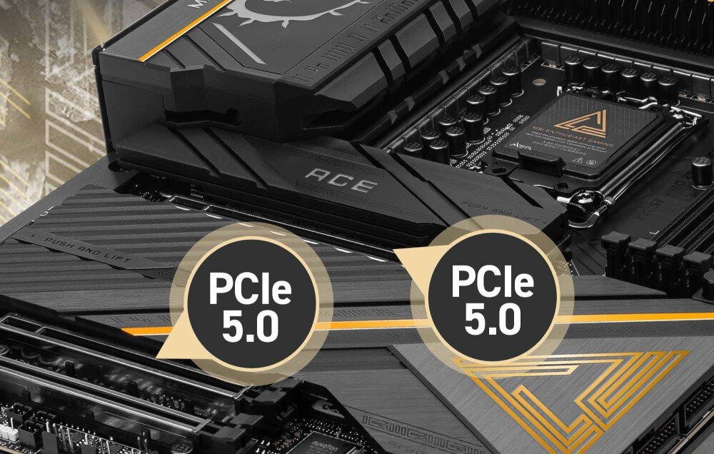 Płyta główna MSI MEG Z890 Ace Zbliżenie na dwa wzmocnione sloty PCIe z oznaczeniem 'PCIe 5.0' na obu. Obok widoczna jest część socketu i logo 'MEG', interfejs PCIe 5.0