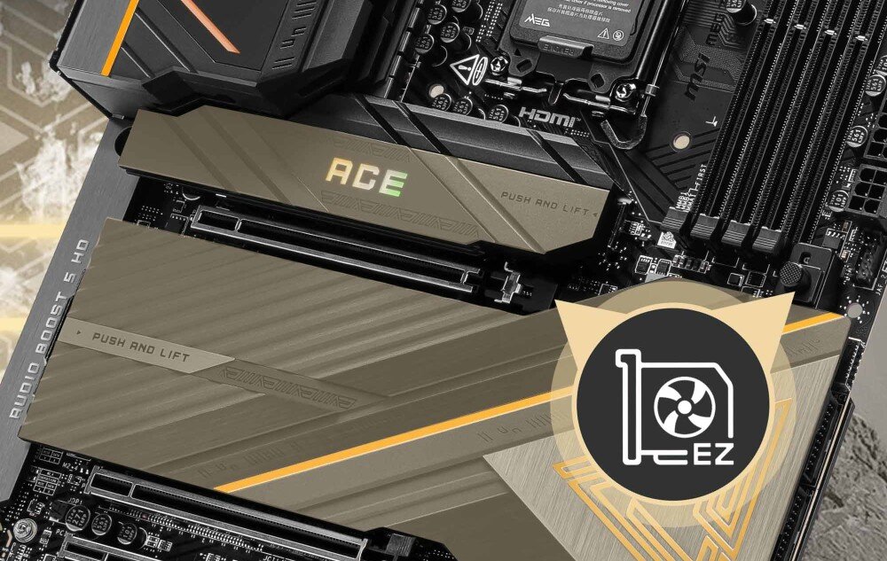 Płyta główna MSI MEG Z890 Ace Widok dwóch dużych osłon chłodzenia M.2 na płycie głównej z napisem 'Push and Lift'. Na górnej osłonie znajduje się podświetlane logo 'ACE', ułatwiony montaż, magnetyczna osłona M.2