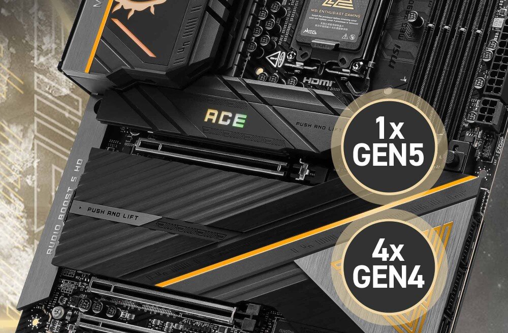 Płyta główna MSI MEG Z890 Ace Widok płyty głównej z zaznaczonymi złączami M.2. Oznaczenia wskazują jedno złącze Gen5 oraz cztery złącza Gen4. Widoczne są także osłony chłodzenia i napisy 'Push and Lift', złącza M.2, przepustowość