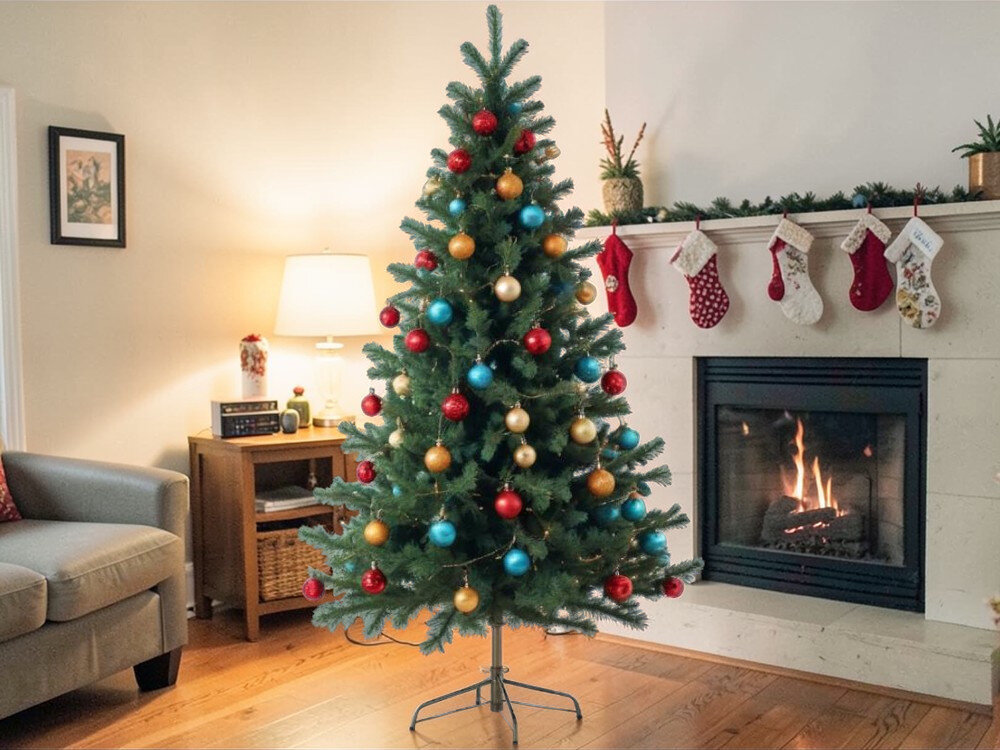 Choinka EXTRALINK Renata 3321 180 cm, święta, dekoracja, choinka, dom, choinka stoi w pokoju wśród prezentów, w tle kominek