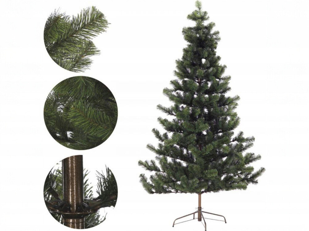 Choinka EXTRALINK Renata 3321 180 cm, ozdoby, święta, igliwie, salon, na białym tle choinka oraz 3 zdjęcia ukazujące konstrukcję choinki