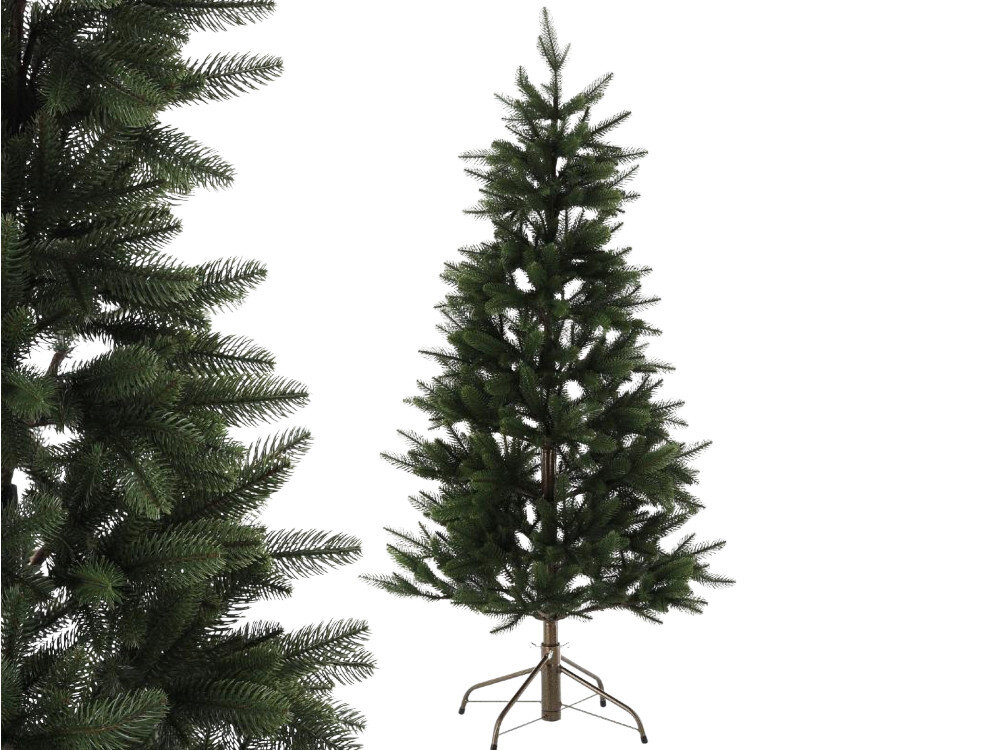 Choinka EXTRALINK Petra 4466 150 cm, choinka, świerk, igły, zieleń, na białym tle choinka w pełni złożona, obok po lewej zbliżenie na igiełki