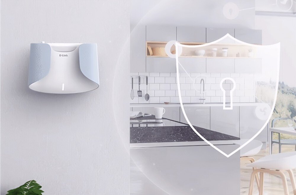 Router D-LINK M60 Aquila PRO AX6000 Router zamontowany na ścianie w kuchni, otoczony grafiką przedstawiającą ikonę tarczy z kłódką, symbolizującą bezpieczeństwo sieci