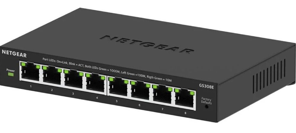 Switch NETGEAR GS308E-400EUS Przedni i tylny panel przełącznika na białym tle, pokazujący porty, diody i gniazdo zasilania, funkcje, sterowanie, VLAN, filtrowanie