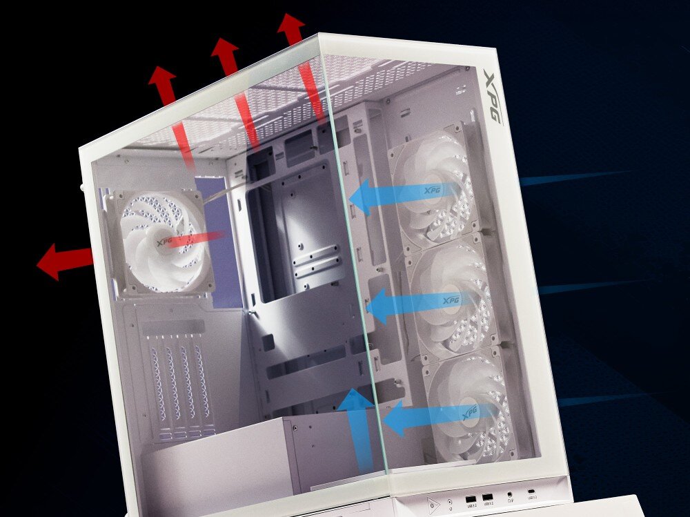Obudowa ADATA XPG Invader X BTF Biały widok na wnętrze obudowy ze strzałkami wskazującymi przepływ powietrza wentylatory chłodzenie