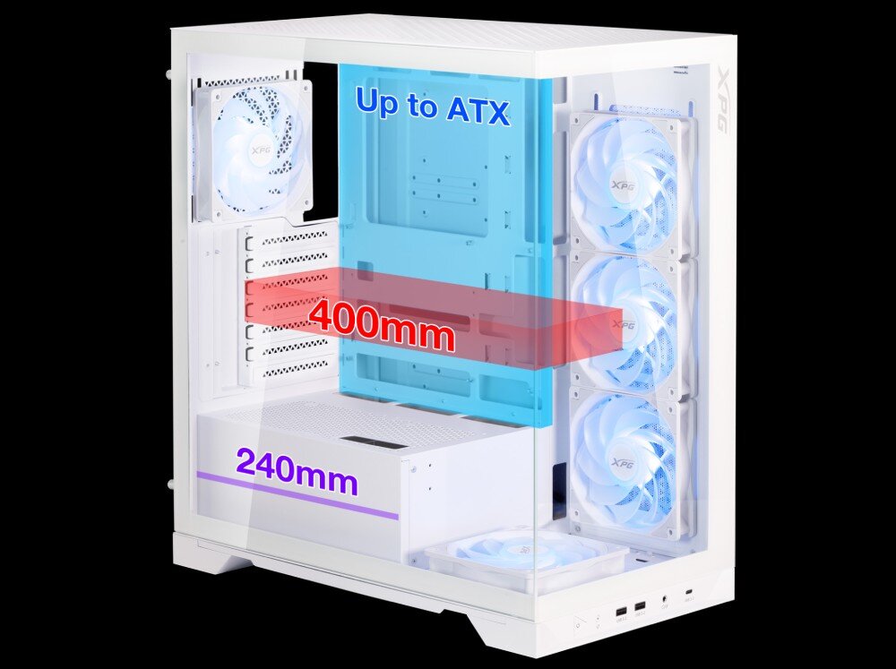 Obudowa ADATA XPG Invader X BTF Biały wizualizacja wnętrza obudowy z pokazanymi wymiarami komponentów