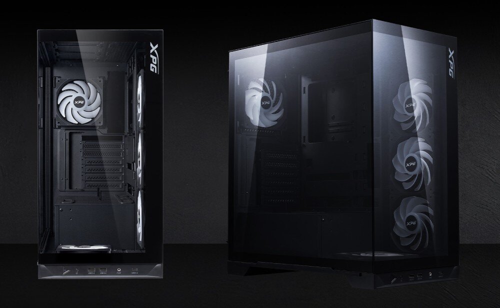 Obudowa ADATA XPG Invader X BTF Biały widok na przód obudowy i bok pod kątem na ciemnym tle dyski uchwyt montaż