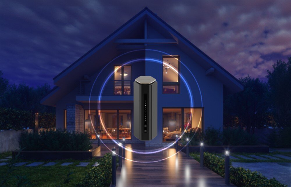 Router NETGEAR Nighthawk RS600 2.4 / 5 / 6 GHz (TriBand) router na tle domu z okręgami oznaczającymi sieć Wi-Fi anteny zasięg sygnał