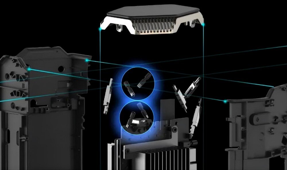 Router NETGEAR Nighthawk RS300 Rozebrana konstrukcja pionowego routera pokazująca układ wewnętrznych komponentów i radiator odprowadzający ciepło z góry, anteny, obudowa, zasięg