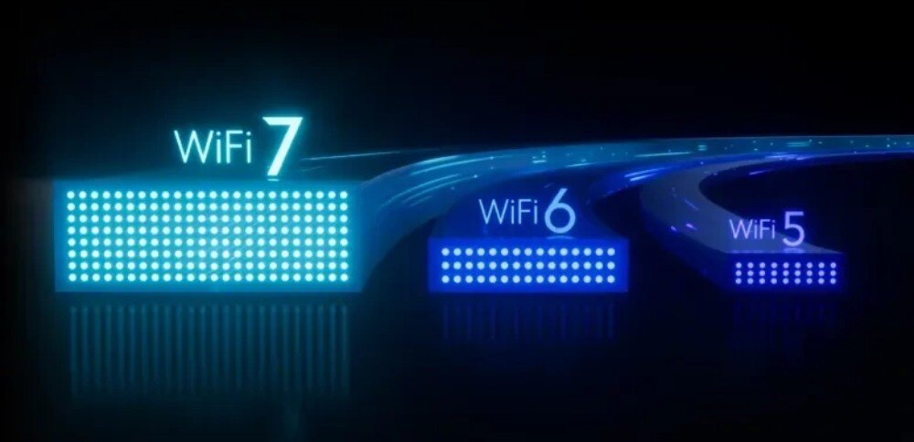 Obraz przedstawia trzy prostokątne bloki z napisami: WiFi 7, WiFi 6 i WiFi 5, każdy złożony z wielu świecących punktów. Bloki są ułożone w rzędzie, a ich wielkość maleje od WiFi 7 do WiFi 5.