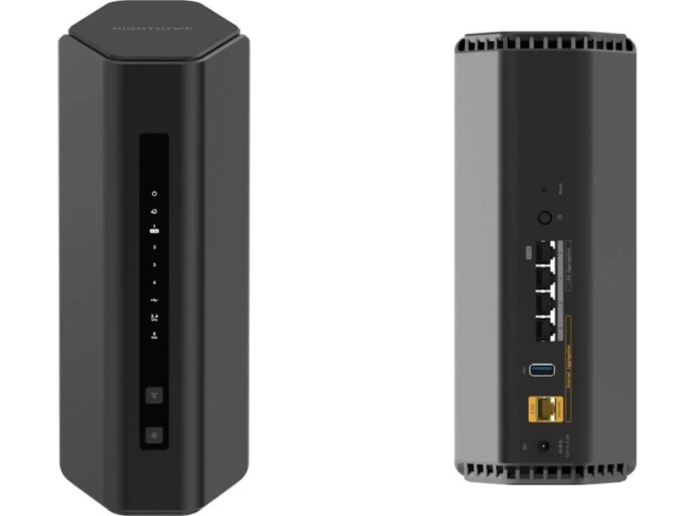 Router NETGEAR Nighthawk RS200 Dwa ujęcia tego samego routera prezentujące jego przedni panel z diodami sygnalizacyjnymi oraz tylny panel z portami sieciowymi i zasilaniem, porty