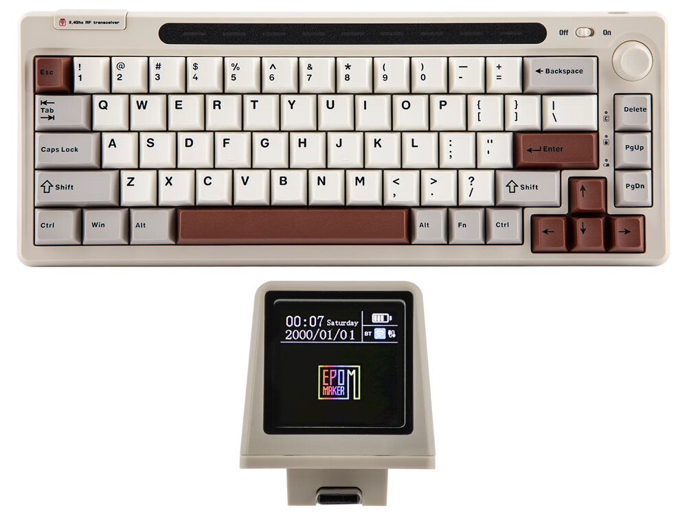Klawiatura EPOMAKER RT65 odłączany mini wyświetlacz datę, czas, stan baterii lub animacje w formacie GIF odbiornika bezprzewodowego 2.4 GHz RT65 wyposażono w joystick regulację głośności ruchem góra-dół wyciszenie dźwięku joysticka obsługę kursora myszy Fn + joystick