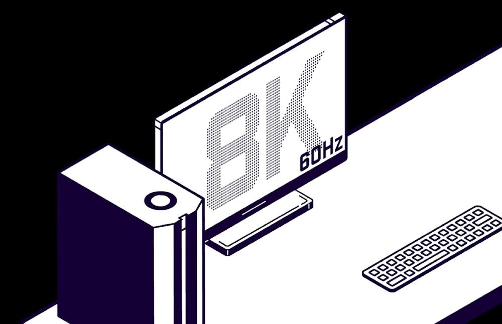 Płyta główna MSI MPG Z890 Edge Ti WiFi Ilustracja przedstawiająca komputer stacjonarny podłączony do monitora wyświetlającego napis „8K 60Hz”. Obok monitora znajduje się klawiatura i mysz, port USB-C, Thunderbolt, przepustowość