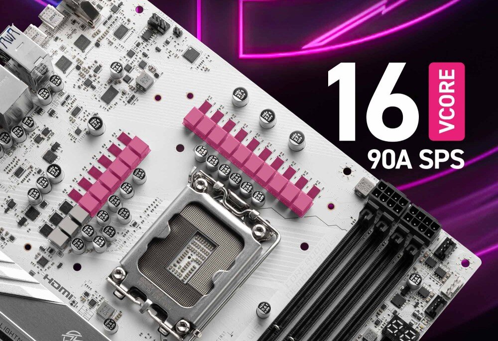 Płyta główna MSI MPG Z890 Edge Ti WiFi Widok fragmentu płyty głównej z wyróżnionymi na różowo 16 fazami zasilania wokół gniazda procesora. Na obrazie znajduje się napis „16 VCORE 90A SPS”, układ zasilania, technologia, PWM