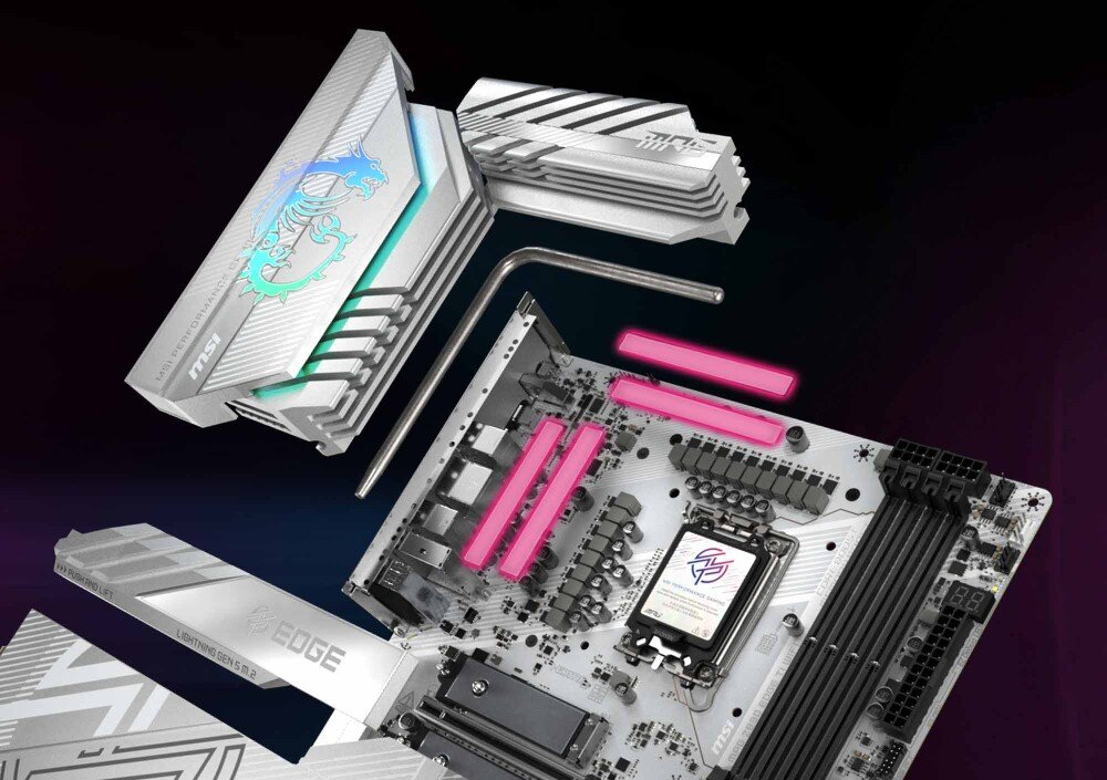 Płyta główna MSI MPG Z890 Edge Ti WiFi Płyta główna z częściowo zdemontowanymi radiatorami, ukazująca pod nimi podkładki termiczne i elementy chłodzenia. Radiator z logo smoka MSI podświetlony na niebiesko-zielono, chłodzenie, radiatory, podkładki termiczne, wentylatory