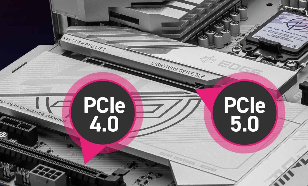 Płyta główna MSI MPG Z890 Edge Ti WiFi Fragment płyty głównej z widocznymi dwoma oznaczeniami: PCIe 4.0 i PCIe 5.0, umieszczonymi przy odpowiednich gniazdach kart rozszerzeń. Sloty oznaczone są białym i różowym kolorem, złącze PCIe, interfejsy