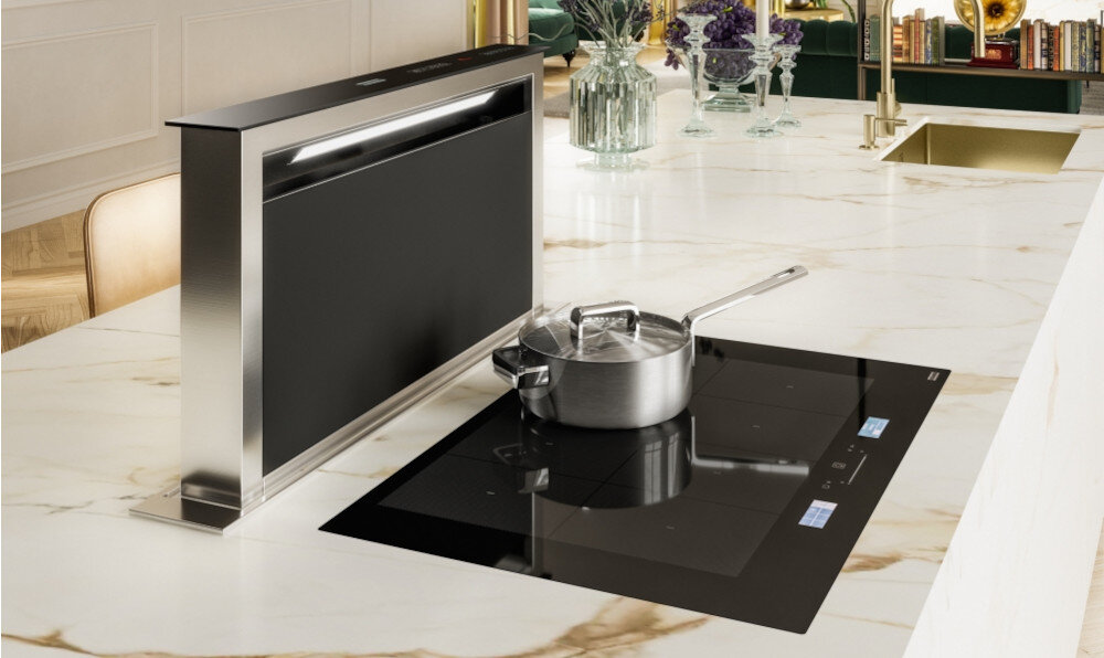 OKAP FRANKE DOWNDRAFT FDW 908 IB XS zdjęcie lifestyle kolor czarny blat kuchenny kuchnia montaż nablatowy na blacie Zasysanie krawędziowe Wskaźnik nasycenia filtrów