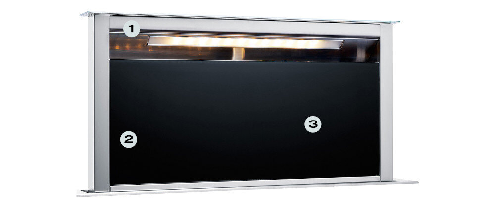 OKAP FRANKE DOWNDRAFT FDW 908 IB XS zdjęcie produktowe numery 1 2 3 oznaczenia punkty front bok czarny kolor chowany w blat Możliwość montażu silnika poza okapem Filtr aluminiowy do mycia w zmywarce