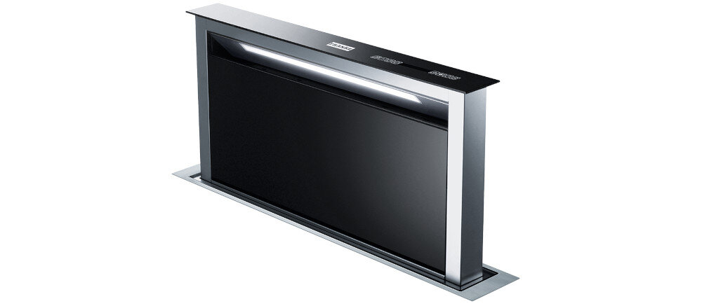 OKAP FRANKE DOWNDRAFT FDW 908 IB XS zdjęcie produktowe kolor czarny bok światło oświetlenie logo oczyszczanie powietrza pochłanianie pary funkcjonalność komfort usuwanie pary tłuszczu zapachów