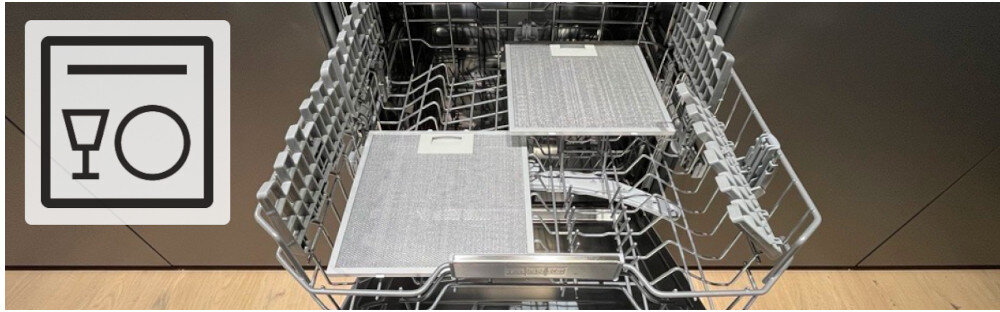 OKAP FRANKE DOWNDRAFT FDW 908 IB XS lifestyle ikona grafika zmywarka otwarta kosze wnętrze dwa filtry filtr przeciwtłuszczowy mycie w zmywarce łatwe czyszczenie demontaż