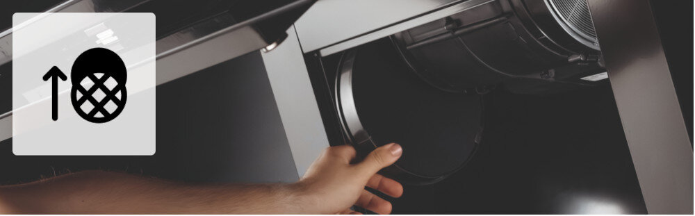 OKAP FRANKE DOWNDRAFT FDW 908 IB XS lifestyle ikona grafika strzałka kierunek dłoń demontaż filtr węglowy Dwa poziomy jasności 2 typy filtrów