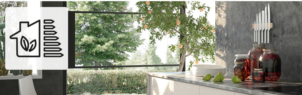 OKAP FRANKE DOWNDRAFT FDW 908 IB XS lifestyle ikona grafika zieleń natura drzewo owoce gruszki słoiki przetwory blat kuchnia Wysoka klasa energetyczna
