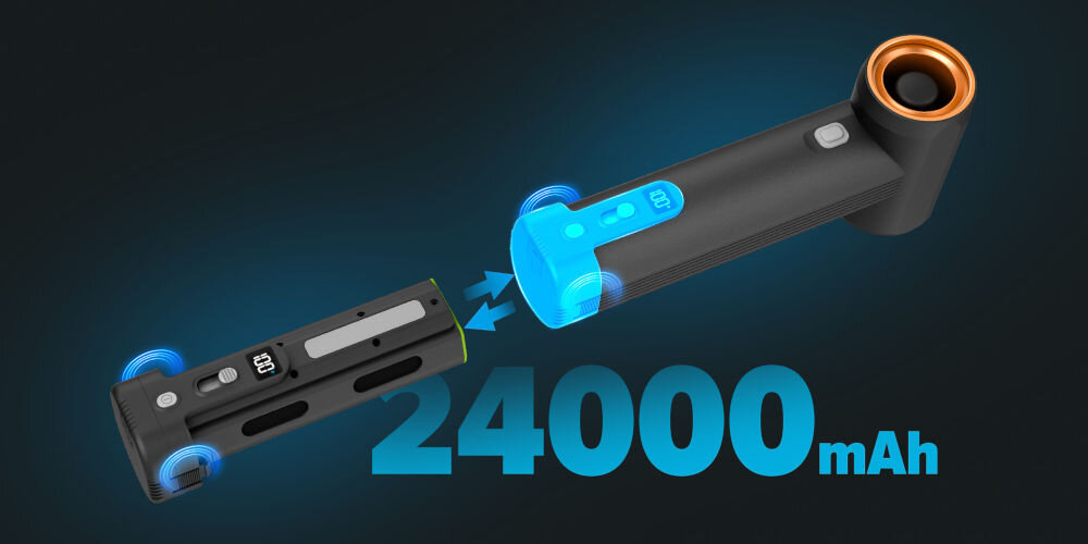Dmuchawa wielofunkcyjna FeiyuTech KiCA JetFan Max Czarny ciemne tło czarna dmuchawa wkładanie akumulatora do urządzenia akumulator o pojemności 24 000 mAh do 5,5 godziny pracy wymiana ogniwa jedynie 3 sekundy Szybkie ładowanie USB-C Power Delivery moc 54 W uzupełnienie energii w około 2 godziny mobilność pełna swoboda komfort