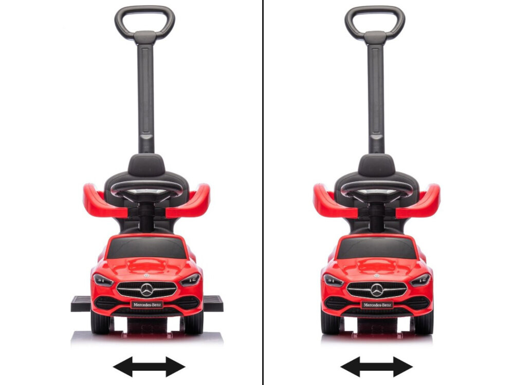 Jeździk MILLY MALLY Mercedes Benz C-Class Deluxe Czerwony jeździk na białym tle widoczny od przodu w dwóch ujęciach z wysuniętymi i schowanymi podnóżkami wysuwane podnóżki o wymiarach 15 x 6,5 cm podnóżki można łatwo wsunąć aktywne rozwijanie mięśni nóg wspiera rozwój motoryki i dostosowuje jeździk do aktualnych umiejętności dziecka