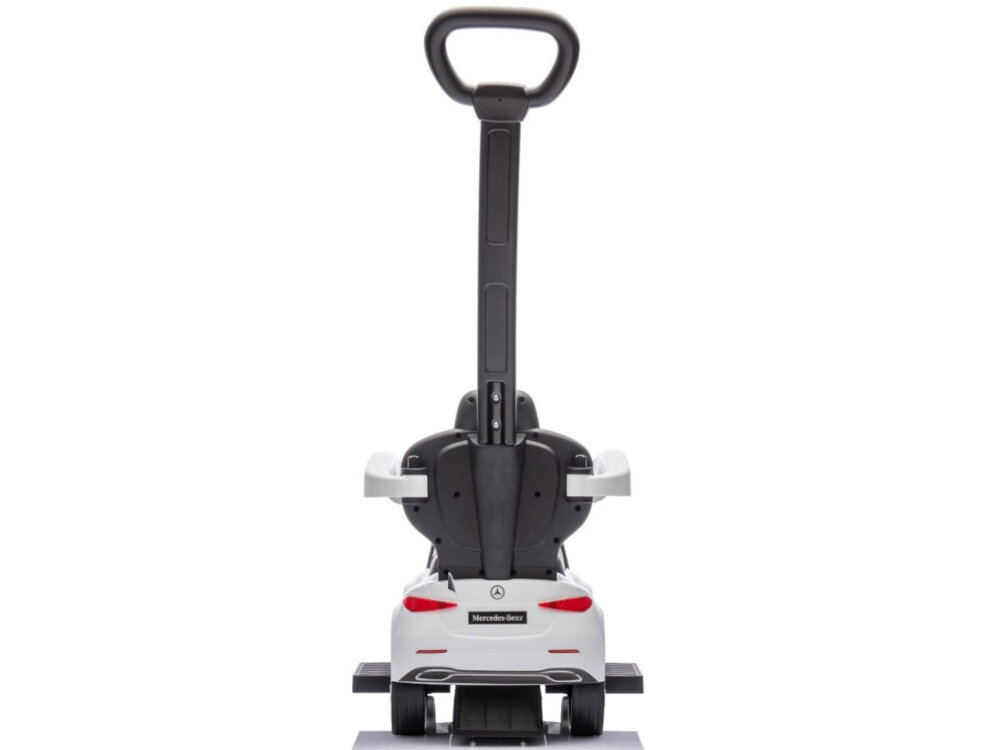 Jeździk MILLY MALLY Mercedes Benz C-Class Deluxe Biały jeździk na białym tle widoczny od tyłu rączka do prowadzenia o długości 80 cm można kontrolować kierunek jazdy możliwość demontażu rączki oraz barierek