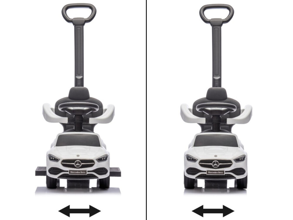 Jeździk MILLY MALLY Mercedes Benz C-Class Deluxe Biały jeździk na białym tle widoczny od przodu w dwóch ujęciach z wysuniętymi i schowanymi podnóżkami wysuwane podnóżki o wymiarach 15 x 6,5 cm podnóżki można łatwo wsunąć aktywne rozwijanie mięśni nóg wspiera rozwój motoryki i dostosowuje jeździk do aktualnych umiejętności dziecka