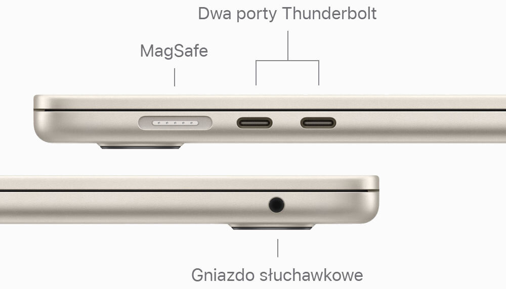 Laptop APPLE MacBook Air 2024 13.6 M3 16GB RAM 256GB SSD macOS Gwiezdna szarość złącza porty thunderbolt słuchawkowe wifi 6e