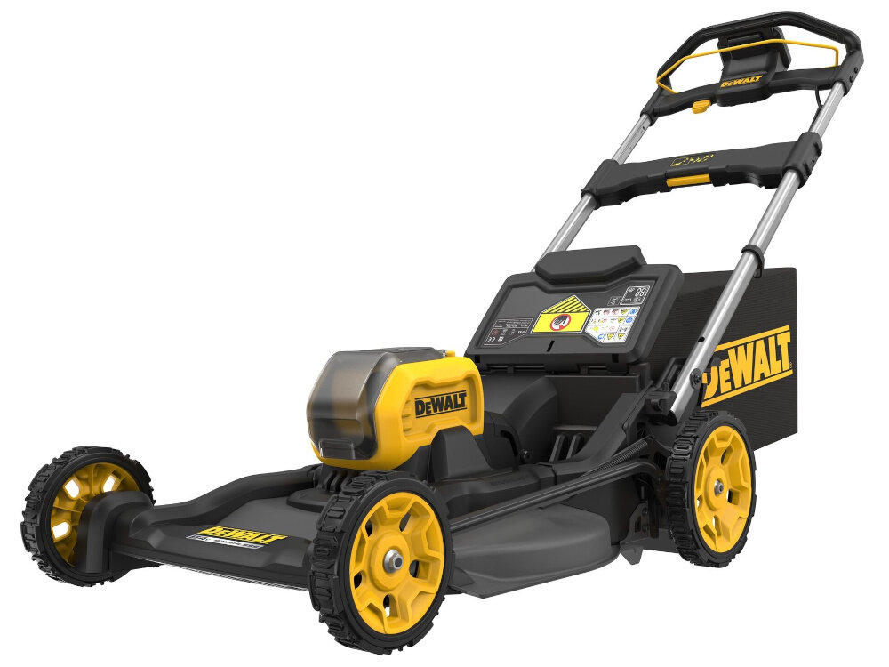 Kosiarka akumulatorowa DEWALT DCMWSP550N-XJ z napędem kosiarka na białym tle widoczna od przodu pod skosem silnik indukcyjny bezszczotkowy z funkcją AutoSense automatycznie dostosowuje moc do aktualnych warunków koszenia czas pracy na jednym ładowaniu jest dłuższy