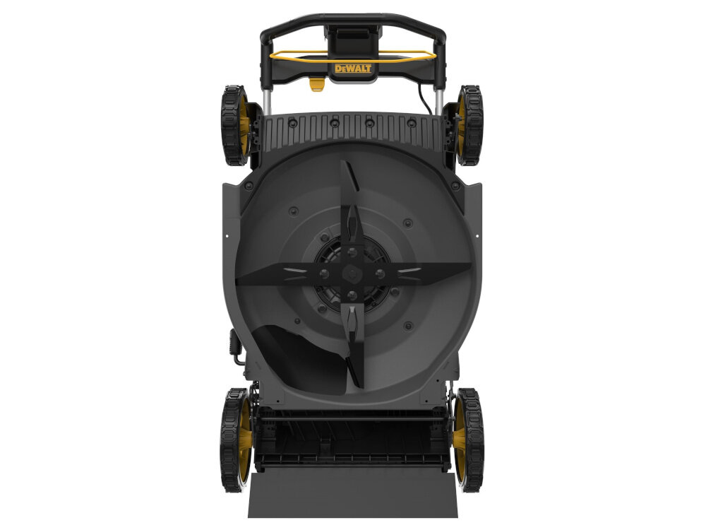 Kosiarka akumulatorowa DEWALT DCMWSP550N-XJ z napędem kosiarka na białym tle widoczna od spodu widok na noże centralna jednopunktowa regulacja wysokości koszenia 6 ustawień w zakresie od 25 do 102 mm można szybko dostosować długość trawy do pory roku jedna dźwignia ułatwia zmianę ustawień bez przerywania pracy równomierne koszenie całej powierzchni szerokość robocza 530 mm