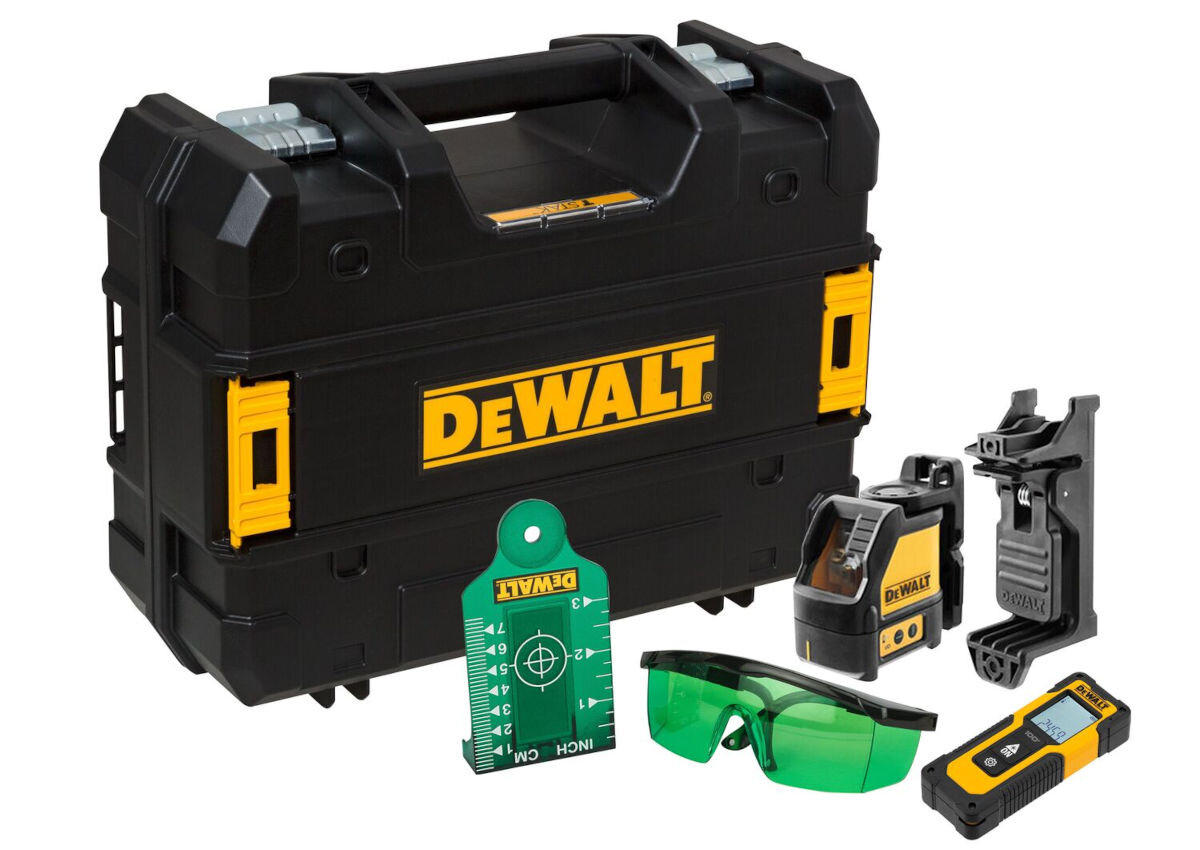 Zestaw pomiarowy DEWALT DW0887100-1 Laser DW088CG-XJ + Dalmierz DWHT77100-XJ, wszechstronne, odległości, dystanse, kombinacja, na białym tle pełen zestaw akcesorii pomiarowych