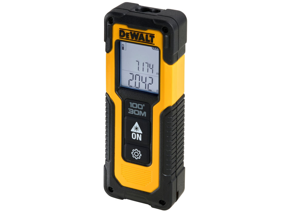Zestaw pomiarowy DEWALT DW0887100-1 Laser DW088CG-XJ + Dalmierz DWHT77100-XJ, ścianki, sprawnie, szkic, linie, na białym tle laser pionowo frontem prawo skos