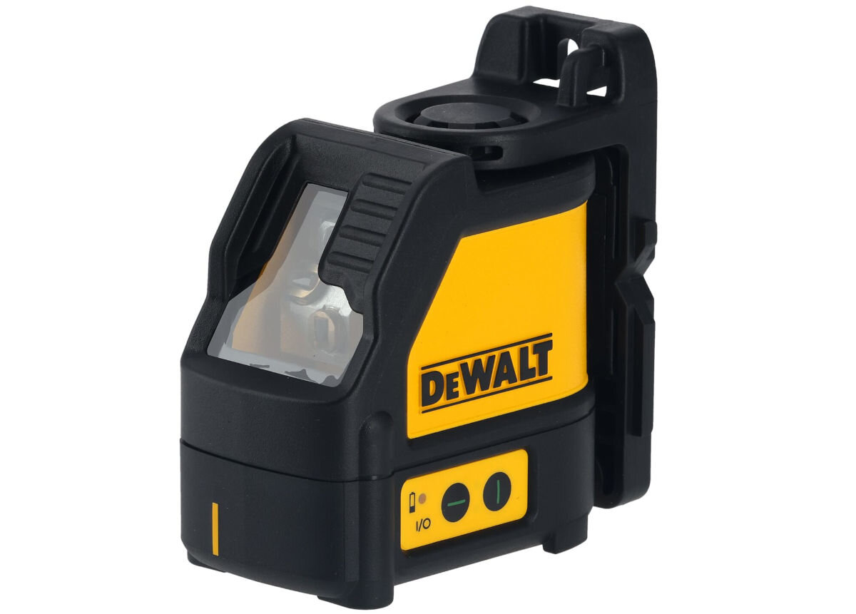 Zestaw pomiarowy DEWALT DW0887100-1 Laser DW088CG-XJ + Dalmierz DWHT77100-XJ, widoczne, odczyty, emituje, otoczenie, na białym tle frontem lewo skos dalmierz