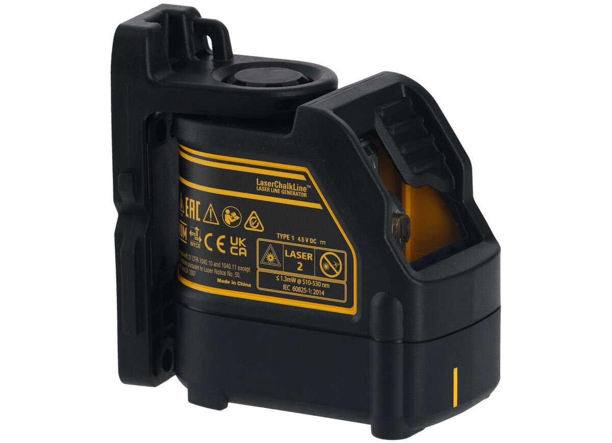 Zestaw pomiarowy DEWALT DW0887100-1 Laser DW088CG-XJ + Dalmierz DWHT77100-XJ, elementy, gumowe, poślizg, uderzenia, na białym tle dalmierz od tyłu frontem prawo skos