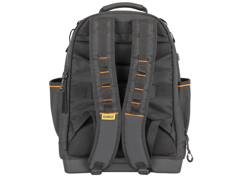 Plecak monterski DEWALT McLaren F1 DWST60122-1 plecak na białym tle widoczny tył plecaka szelki wyściełany ergonomiczny system podparcia pleców dobre dopasowanie do sylwetki komfort przez cały dzień wymiary 38 x 24 x 47 cm