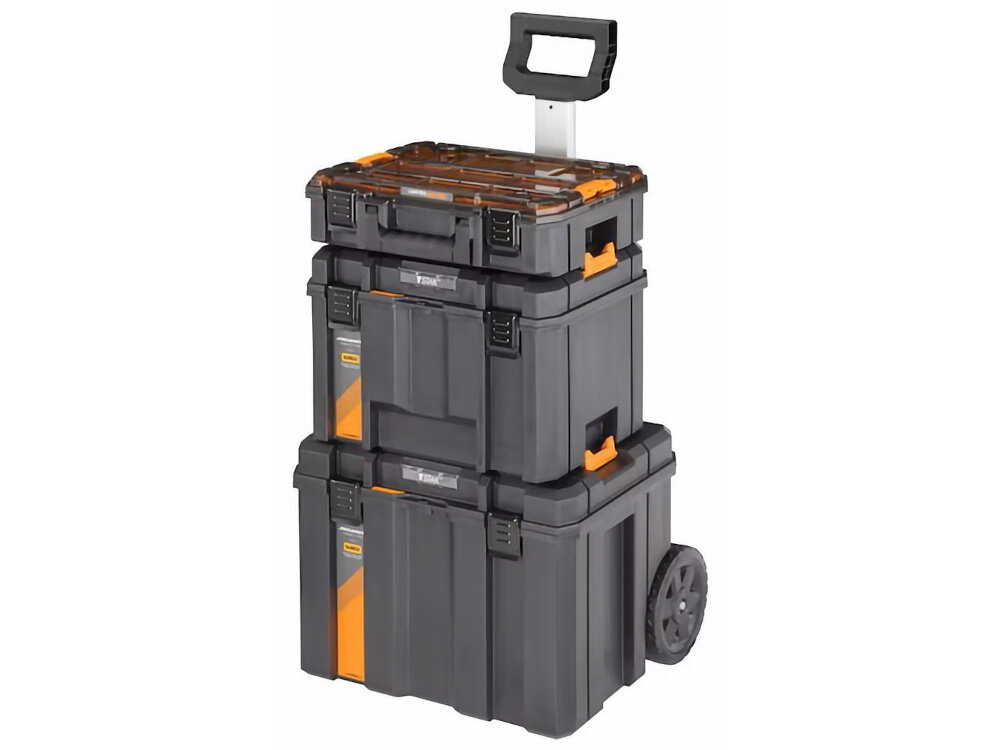Zestaw skrzyni na narzędzia DEWALT McLaren 3 w 1 DWST60452-1 zestaw na białym tle widoczny od przodu pod skosem każdy z trzech modułów można używać osobno jeden zintegrowany zestaw dopasowanie konfiguracji do swoich aktualnych potrzeb