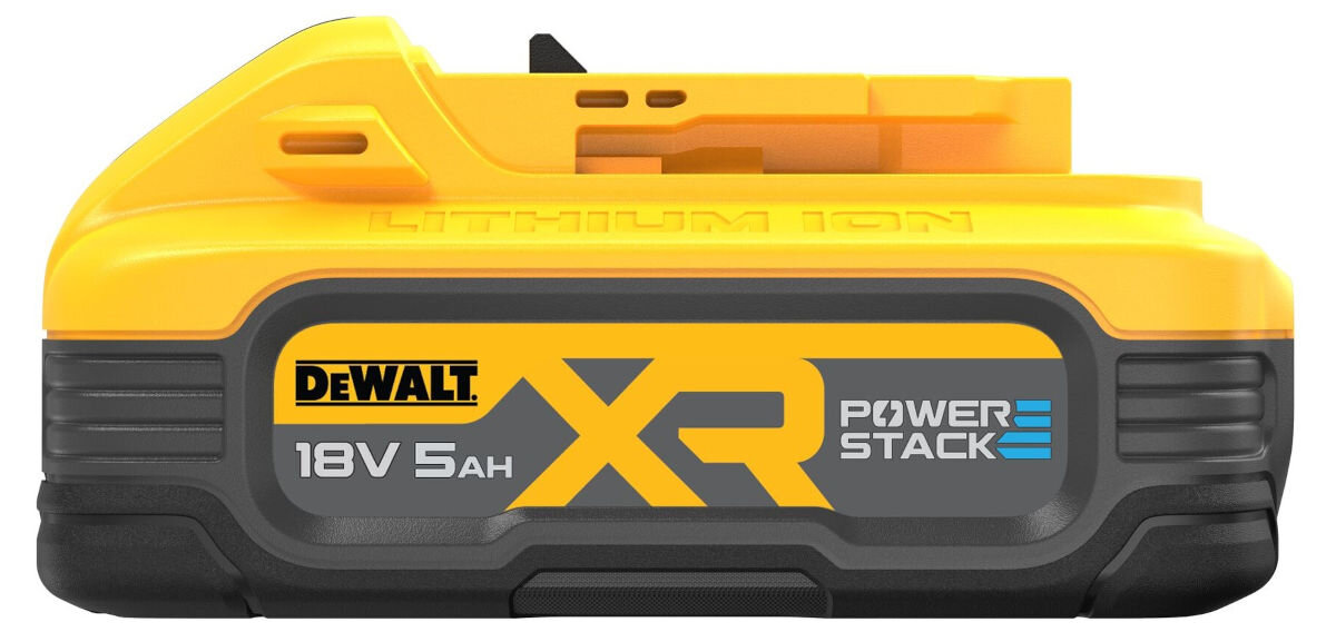 Akumulator DEWALT DCB1104H2-QW 5A 18V (2 szt.) + ładowarka, prąd, ładowanie, efektywne, gotowe, na białym tle akumulator od boku lewego