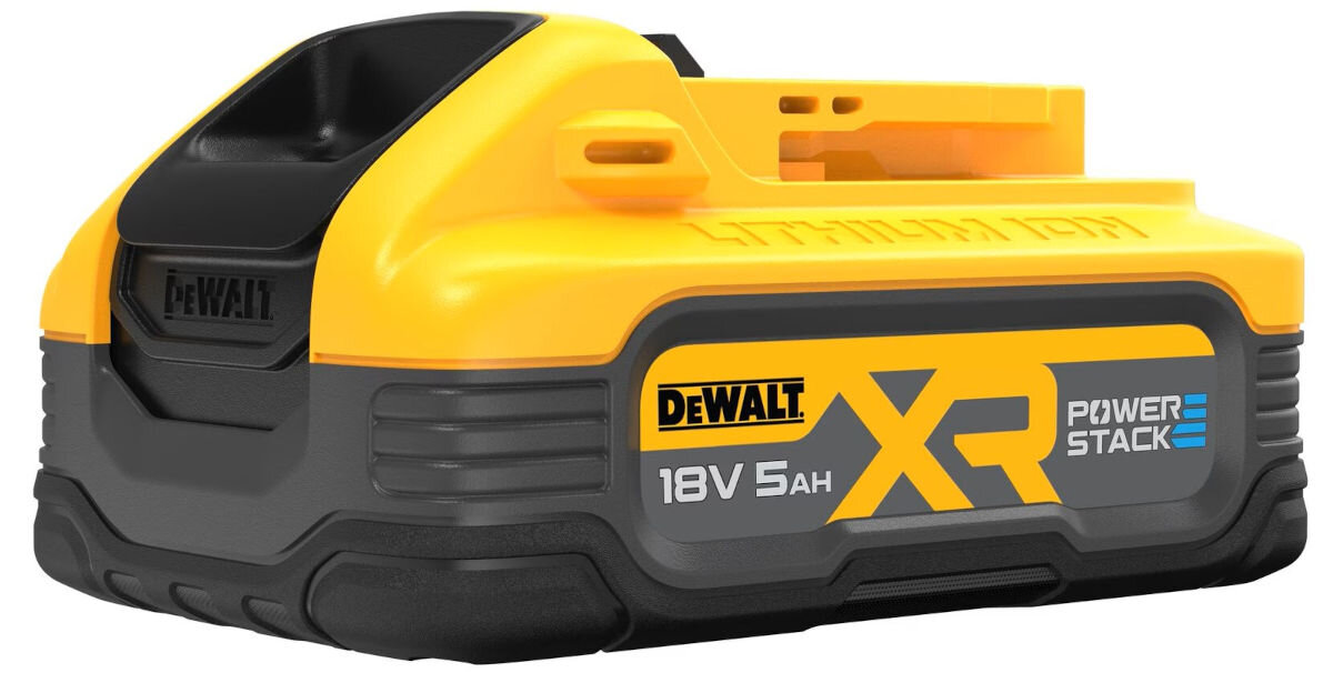 Akumulator DEWALT DCB1104H2-QW 5A 18V (2 szt.) + ładowarka, samorozładowanie, litowo-jonowe, konstrukcja, praca, na białym tle akumulator pokazany od tyły z diodą LED